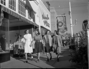 Four girlfriends on a Broadway Avenue stroll in downtown Lubbock, circa 1942- Photo courtesy of the Winston Reeves Collection, Southwest Collection/Special Collections Library